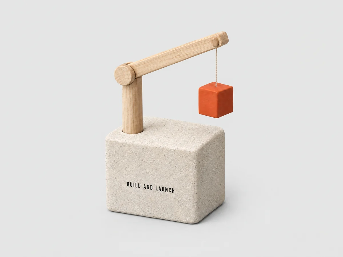 Un bloque de piedra con una pequeña grúa de madera que levanta un cubo naranja, con la etiqueta Build and Launch