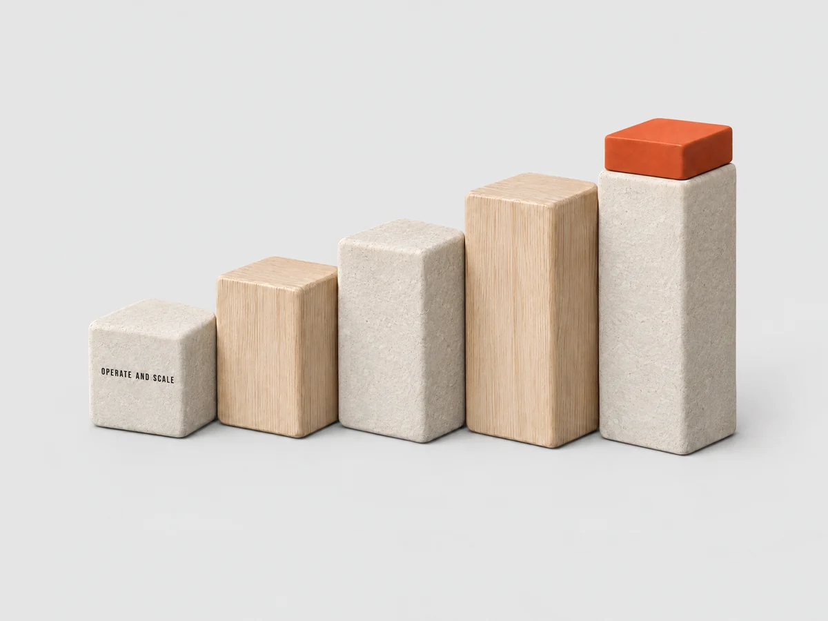 Una fila de bloques de piedra y madera cada vez más altos, el último con una tapa naranja, con la etiqueta Operate and Scale