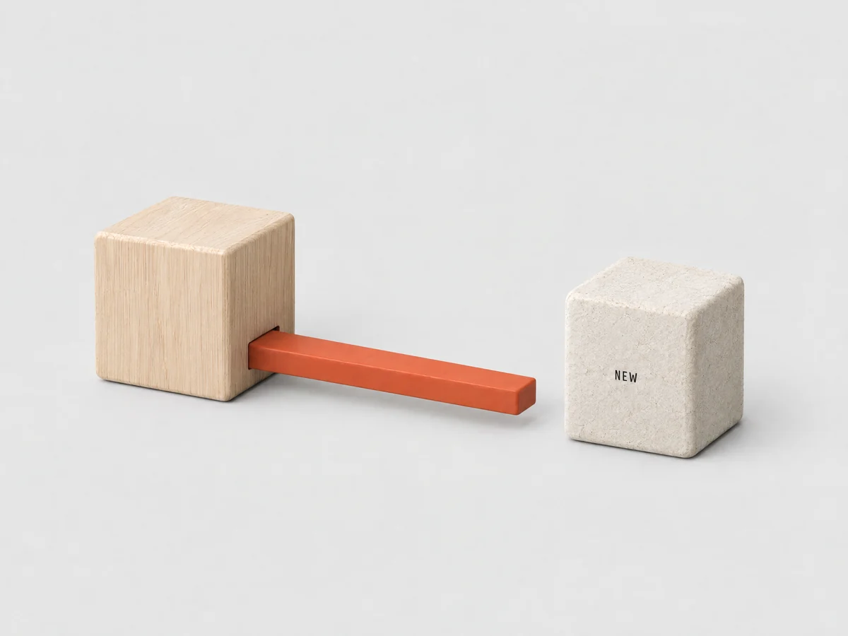 An orange track reaching from a wood block toward a separate limestone block labeled NEW