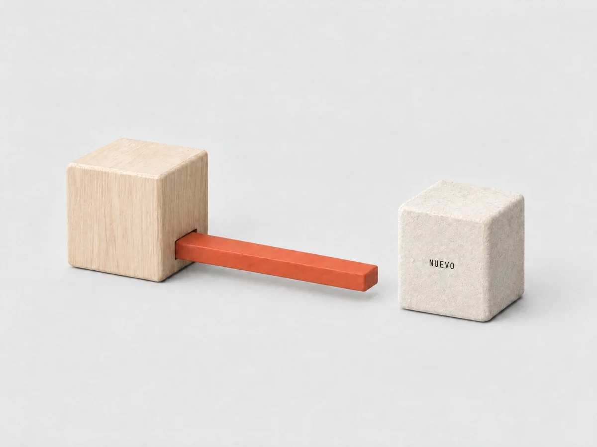 Una pista naranja que sale de un bloque de madera hacia un bloque de piedra separado con la etiqueta NUEVO
