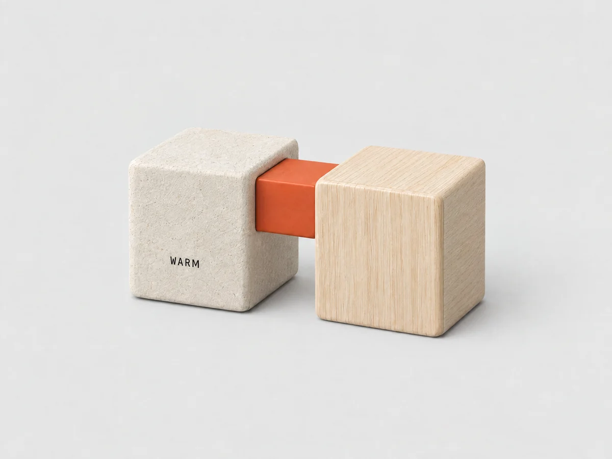 A limestone block labeled WARM and a wood block, already joined by an orange bridge